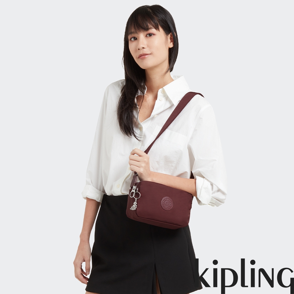 Kipling 熱葡萄酒紅輕便長方形多袋斜背包-MILDA