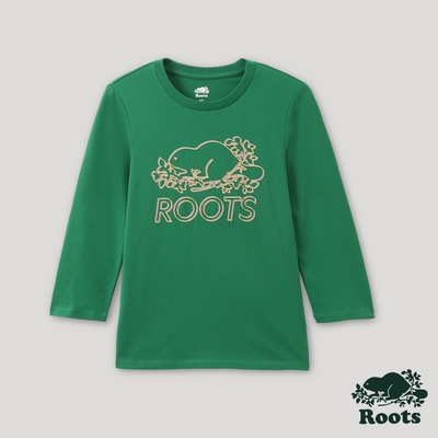 Roots女裝-宇宙探索系列 框線海狸短袖T恤-綠色