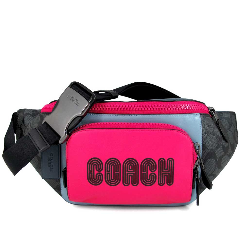 COACH 品牌LOGO異材質拼接前袋式撞色大腰/胸兩用包(灰藍色)