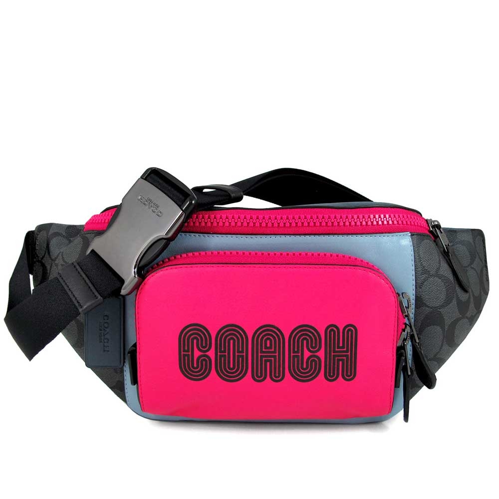 COACH 品牌LOGO灰藍色異材質拼接前袋式撞色大腰/胸兩用包(展示品)