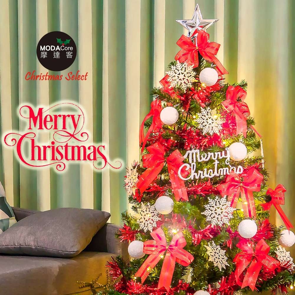 摩達客耶誕-6尺/6呎(180cm)特仕幸福型裝飾綠色聖誕樹+銀白熱情紅系配件+100燈LED燈暖白光*1(附控制器)