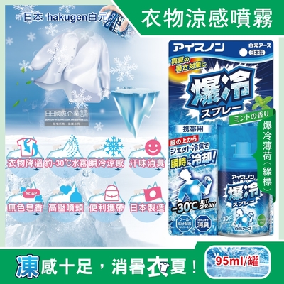 日本hakugen白元-夏日消暑汗味消臭瞬冷約-30℃衣物涼感噴霧95ml/藍罐-爆冷薄荷(綠標)(攜帶型持久降溫劑,戶外露營,運動,登山,外送,婚禮外拍皆適用)