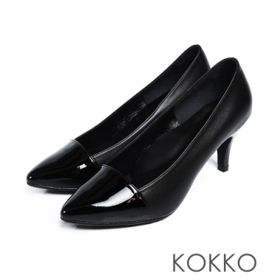 KOKKO - 小香風雙色拼接尖頭真皮高跟鞋 - 品味黑
