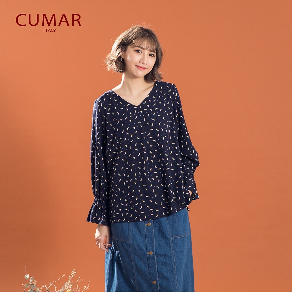 【CUMAR】羽毛印花波浪袖-襯衫(二色/版型合身)