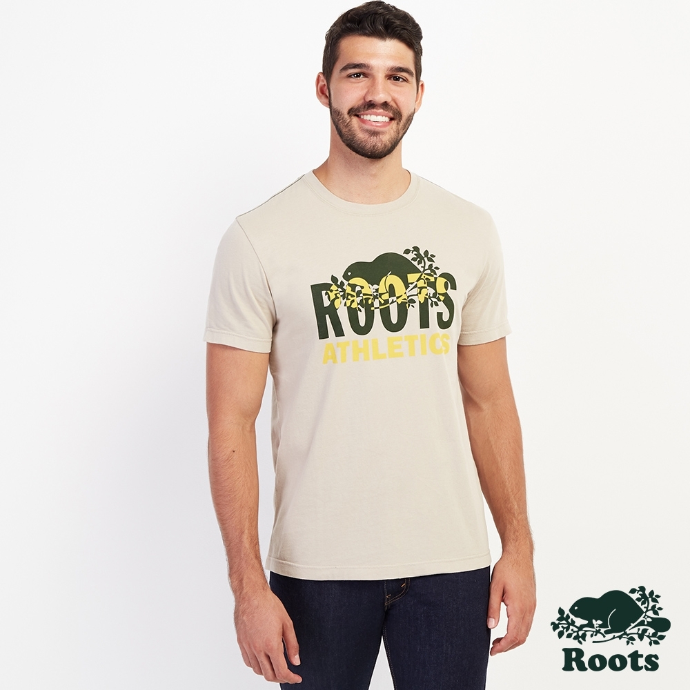Roots男裝-城市悠遊系列 撞色海狸LOGO短袖T恤-棕