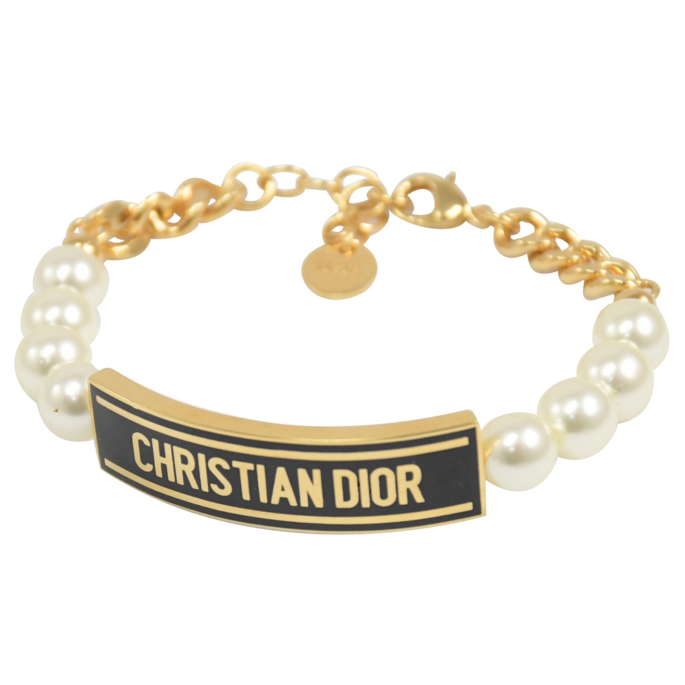 Christian Dior ID系列 復古鐵牌LOGO造型珠珠手鍊(黑/金)