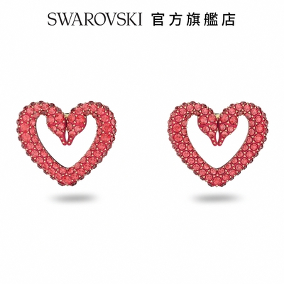 SWAROVSKI 施華洛世奇 Una 耳釘 密鑲, 心形, 細碼, 紅色, 鍍金色色調