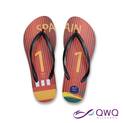 【QWQ】女款防滑夾腳人字拖鞋-海灘下雨天-經典國家世足款-Spain西班牙-黑(AFWC01105)