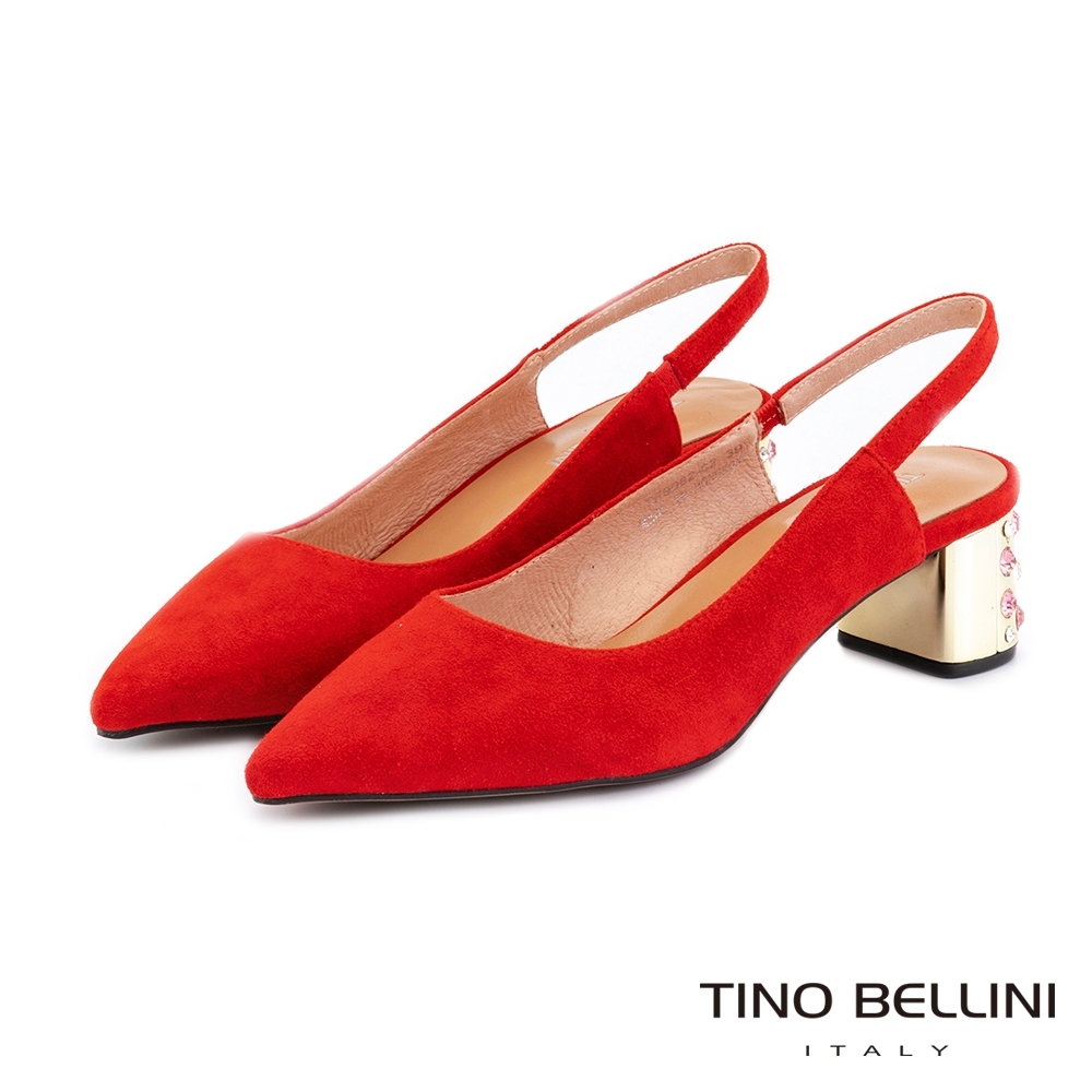 Tino Bellini 羊麂皮後拉帶鑲鑽粗跟鞋_紅