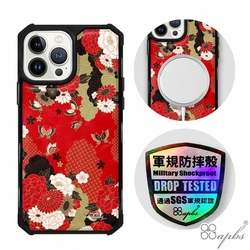 apbs iPhone 13 Pro Max / 13 Pro / 13 軍規防摔皮革磁吸手機殼-經典牛紋-浮世繪牡丹與蝶(上光版)黑殼