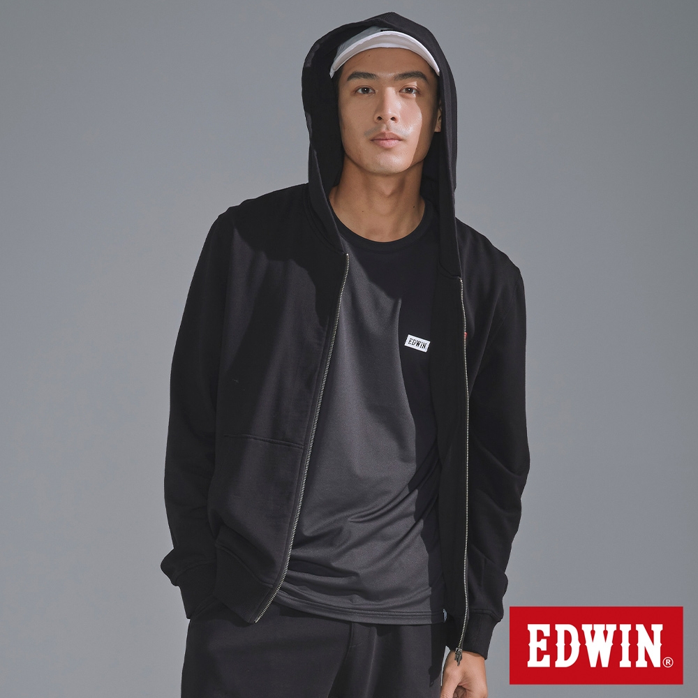 EDWIN 經典刺繡小標休閒連帽拉鍊外套-男-黑色