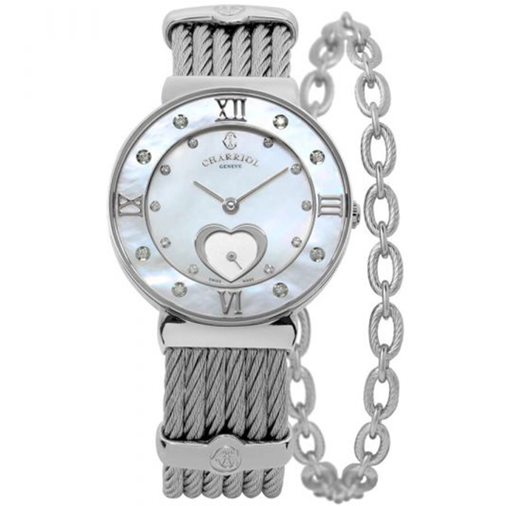 CHARRIOL 夏利豪ST-TROPEZ 經典鋼鎖珍珠貝母愛心鍊腕錶(ST30SD 560 056)x30mm