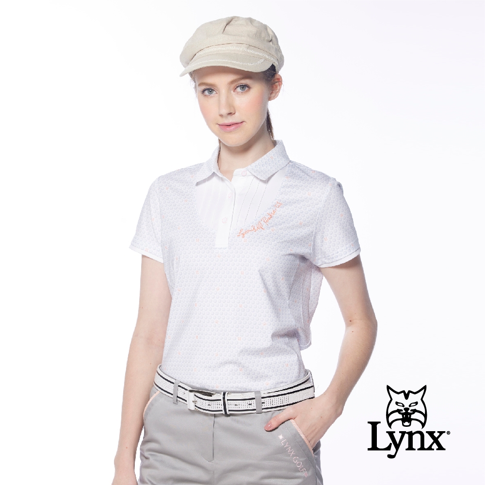 【Lynx Golf】女款吸濕排汗假兩件式滿版高爾夫球印花短袖POLO衫/高爾夫球衫-淺灰色