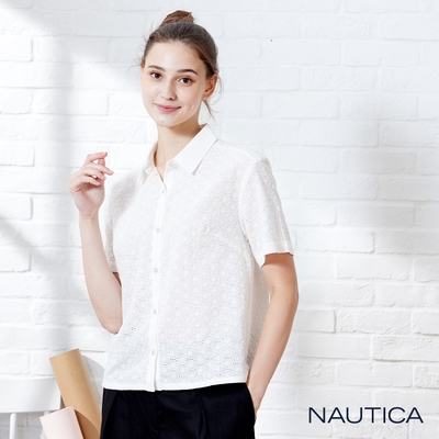 Nautica 女裝 修身蕾絲短袖襯衫-白色