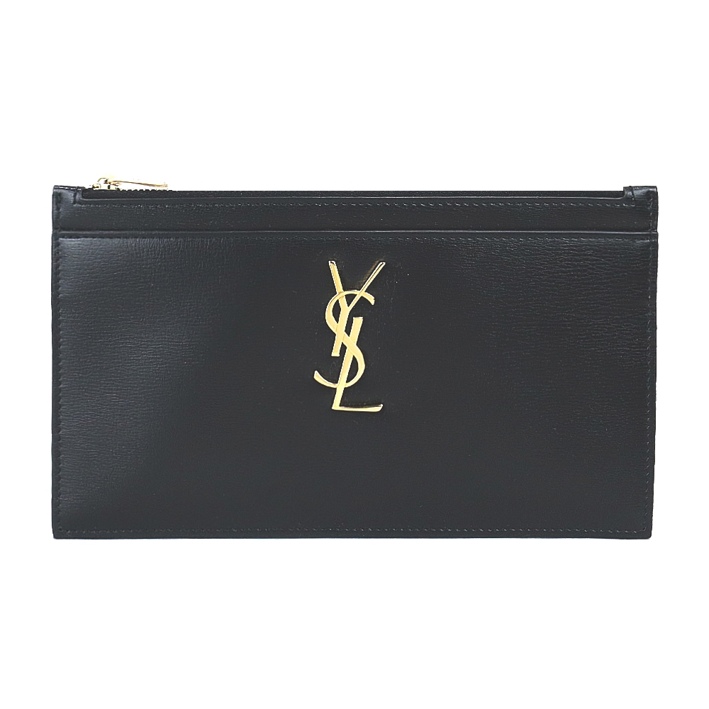 YSL SAINT LAURENT滑面牛皮金屬LOGO手拿包(黑X金)