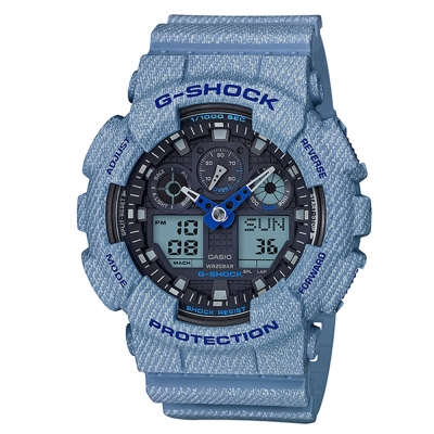G-SHOCK復古的水洗藍配色丹寧系列布料元素設計休閒錶(GA-100DE-2)51mm