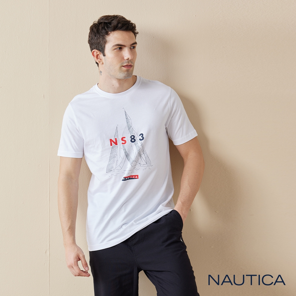 Nautica 男裝 手繪風格帆船LOGO短袖T恤-白色