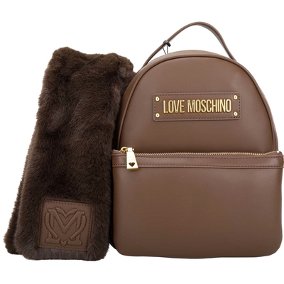 LOVE MOSCHINO 附可拆皮草圍巾字母皮革後背包(咖啡色)