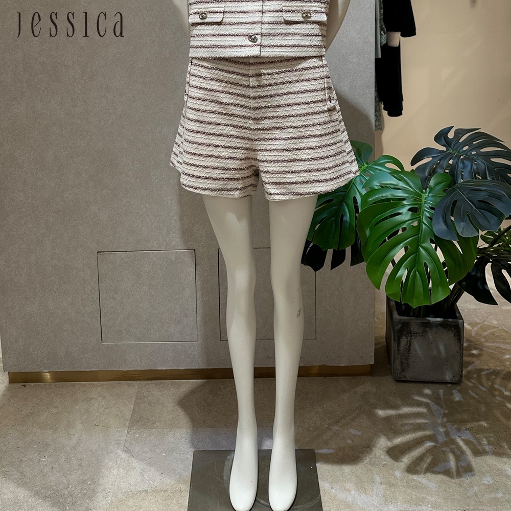 JESSICA - 修身百搭條紋小香風毛呢短褲J35202（粉）