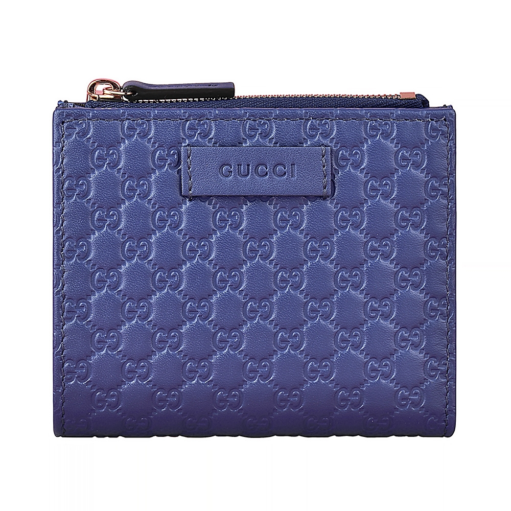 GUCCI經典Guccissima系列MINI雙G壓紋LOGO牛皮6卡零錢釦式短夾(藍)
