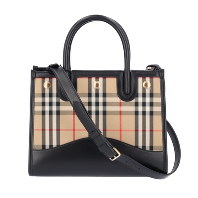 【BURBERRY 巴寶莉】80754231 經典Title系列格紋拼皮革手提斜背兩用包(黑色)