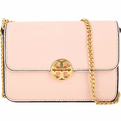 TORY BURCH Chelsea 迷你款 黃銅雙T荔紋牛皮鍊帶包(粉杏色)