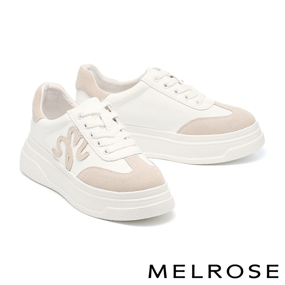 休閒鞋 MELROSE 美樂斯 質感俏皮 LOGO牛皮綁帶厚底休閒鞋－米