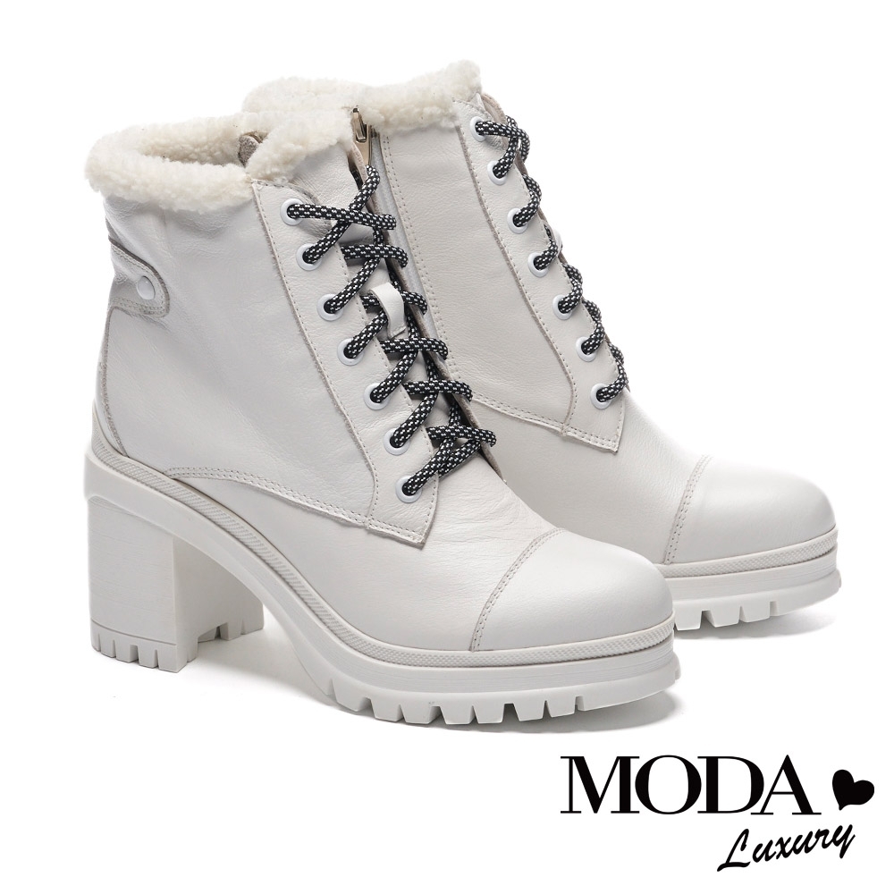 短靴 MODA Luxury 都會時髦牛皮綁帶防水台粗高跟短靴－白