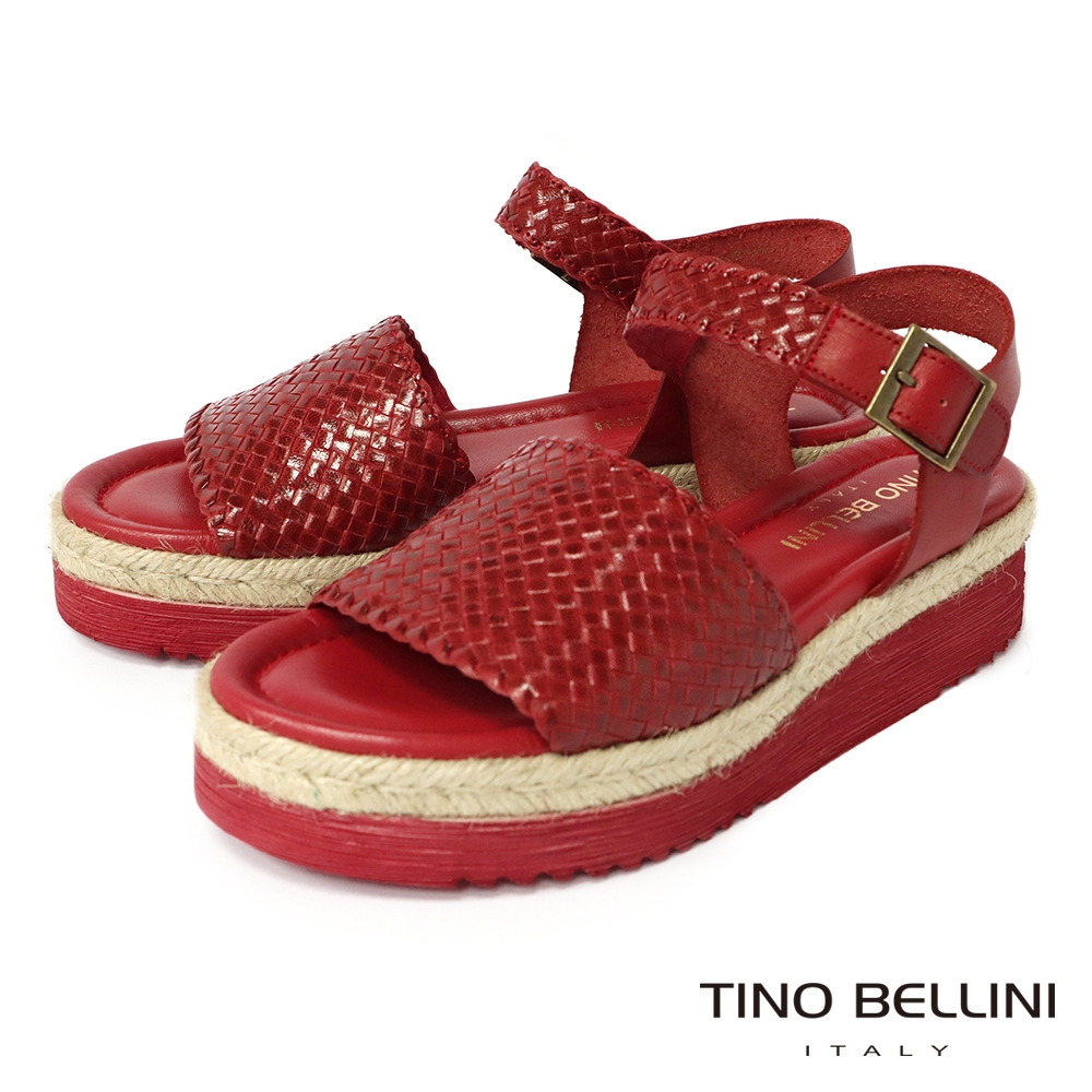 Tino Bellini 西班牙進口悠閒渡假編織風釦帶厚底涼鞋-紅