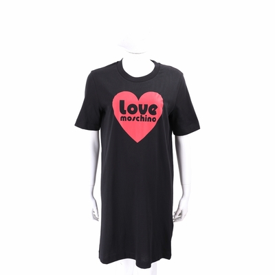 LOVE MOSCHINO 純棉字母愛心印花黑色圓領短袖長版TEE 洋裝