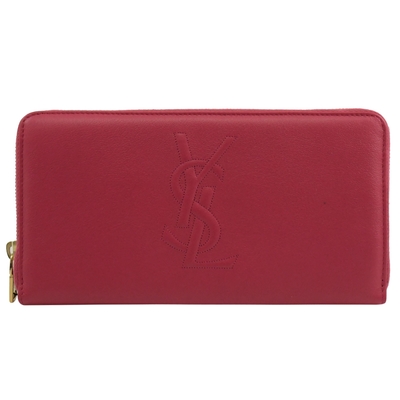 YSL Saint Laurent MONOGRAM 浮凸logo素面小牛皮ㄇ字拉鍊長夾(桃粉)