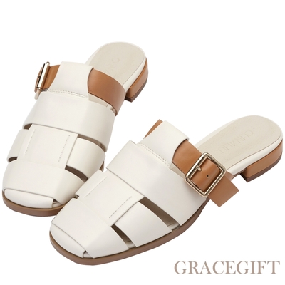 【Grace Gift】逸歡聯名-午睡搖籃編織穆勒鞋 白X棕
