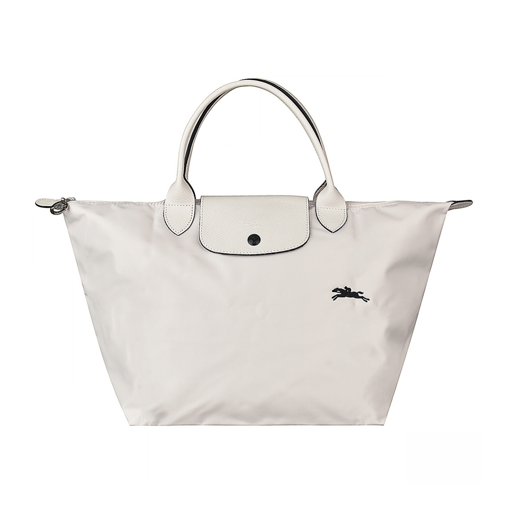 LONGCHAMP LE PLIAGE CLUB奔馬LOGO尼龍短提把拉鍊手提包(中/白x黑)LONGCHAMP