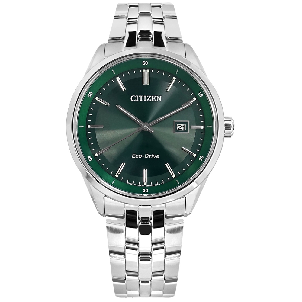 CITIZEN / 光動能 簡約時尚 日期 藍寶石水晶玻璃 防水 不鏽鋼手錶-綠色/41mm
