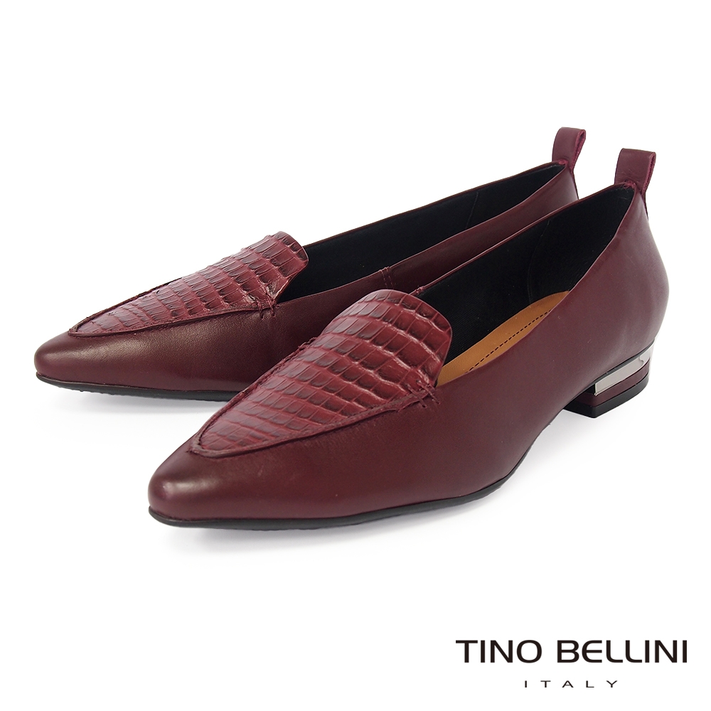 Tino Bellini 巴西進口鱷魚紋拼接牛皮尖楦樂福鞋-酒紅
