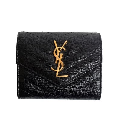 YSL SAINT LAURENT Cassandre 荔枝皮 皮革 三折開釦 短夾 卡夾 零錢包 黑色 金色 403943