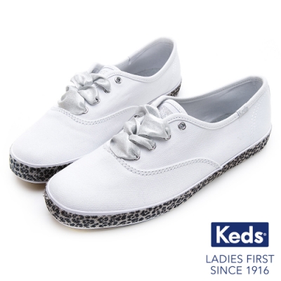 Keds CHAMPION 豹紋滾邊帆布綁帶休閒鞋-白/黑