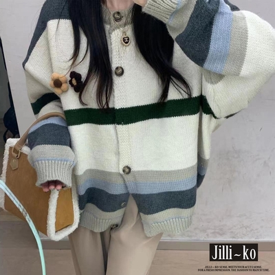 JILLI-KO 慵懶風寬鬆毛衣女條紋撞色針織外套- 杏色