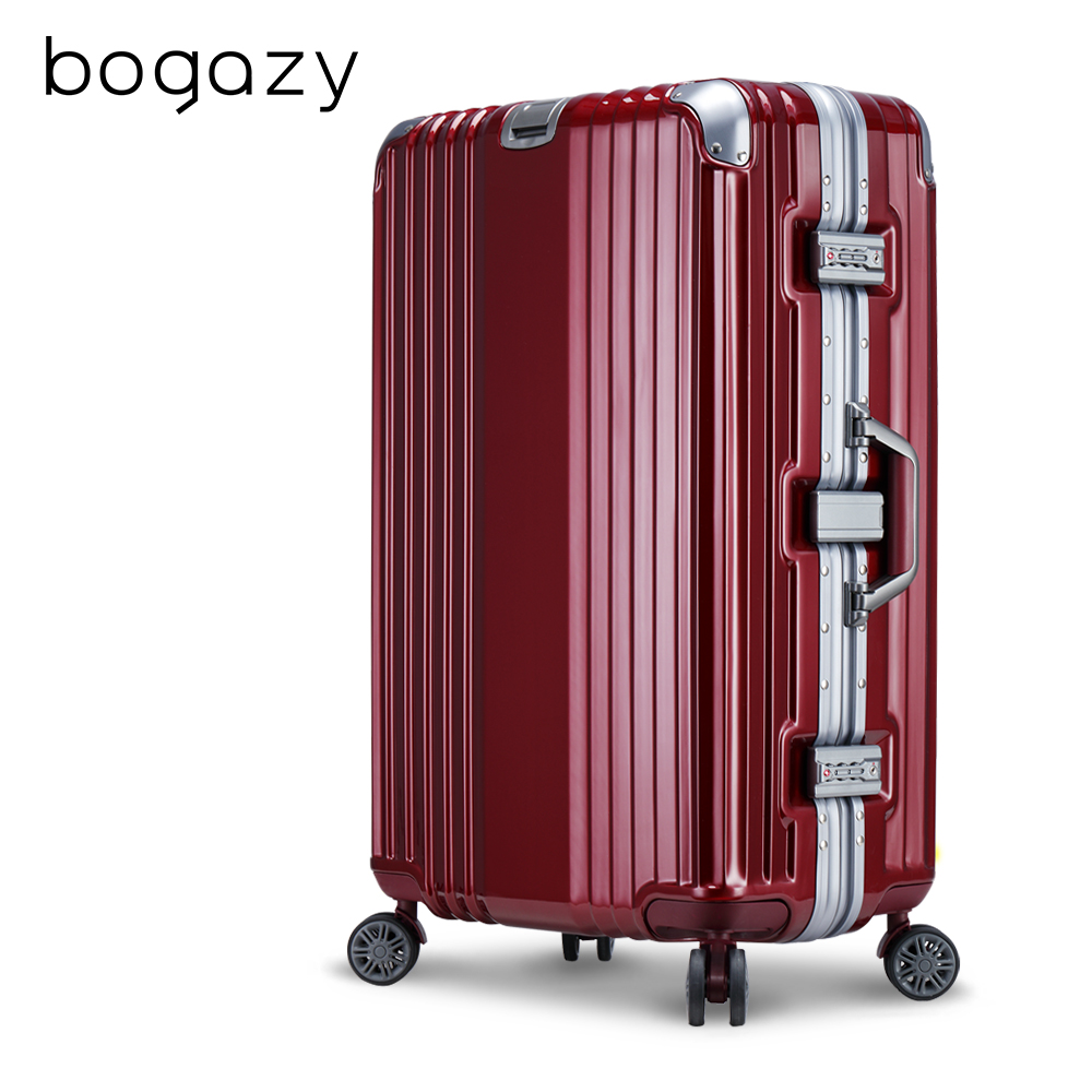 Bogazy 篆刻經典 26吋鋁框抗壓力學鏡面行李箱(暗紅銀)