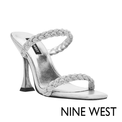 NINE WEST ZIPPY5 水鑽方頭高跟涼鞋-銀色