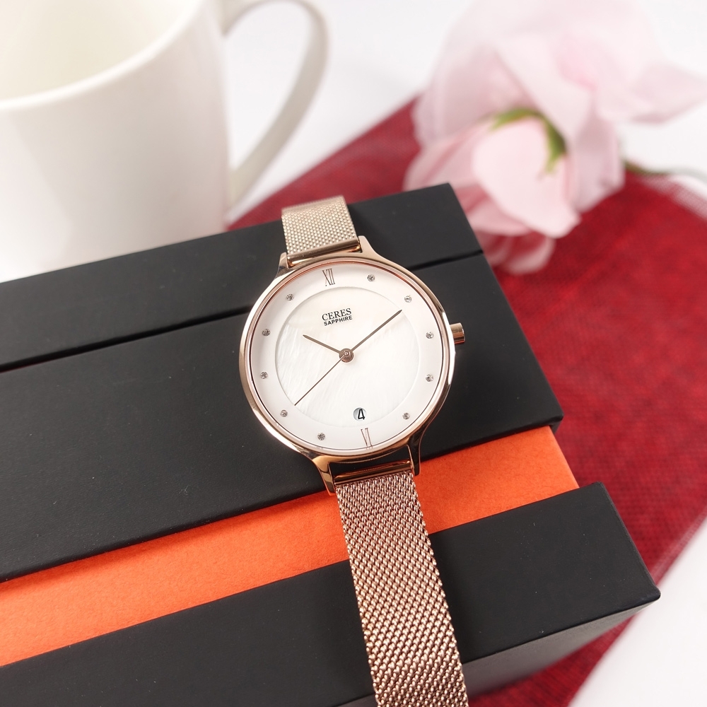 EROS CERES / 珍珠母貝 日期 晶鑽 米蘭編織不鏽鋼手錶 禮盒組-銀白x玫瑰金/33mm