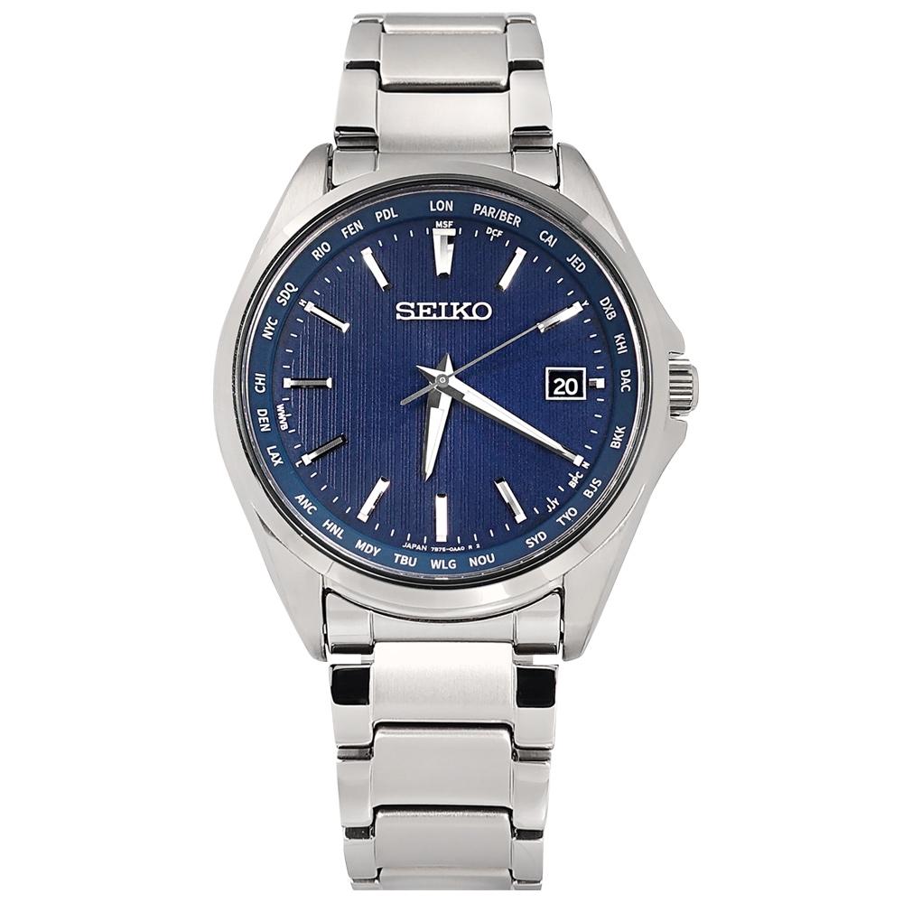SEIKO 精工 太陽能 電波錶 萬年曆 防水 日期 鈦金屬手錶-藍色/40mm