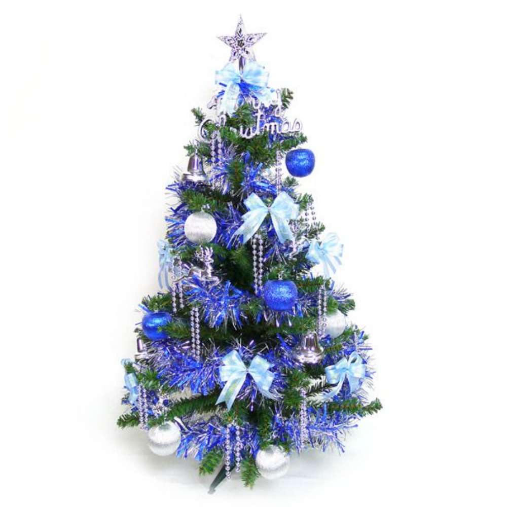 摩達客 幸福3尺(90cm)一般型裝飾綠聖誕樹(飾品組-藍銀色系/不含燈)