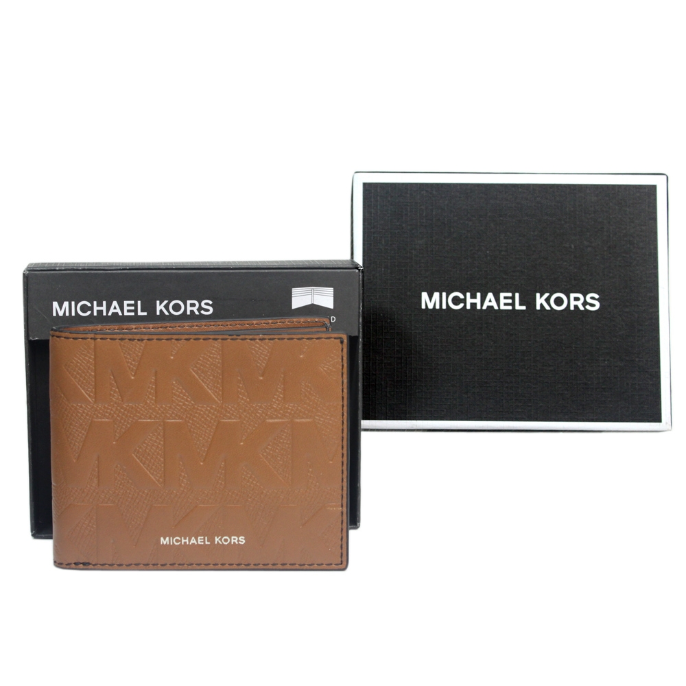 Michael Kors 字母MK浮雕皮革對折短夾禮盒_咖