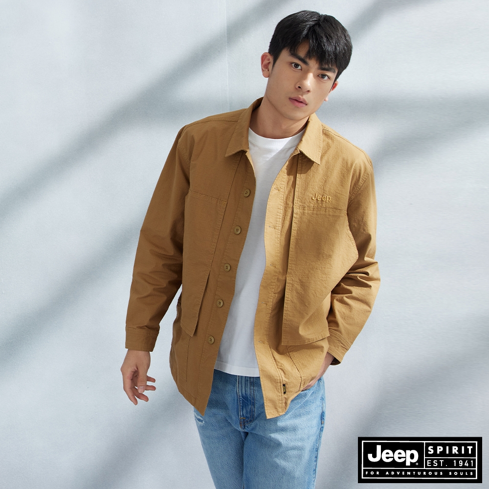 JEEP-男裝-抗撕裂口袋剪接長袖襯衫-卡其色