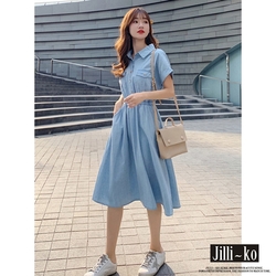 JILLI-KO 氣質薄款仿牛仔收腰襯衫領連衣裙 - 淺藍色