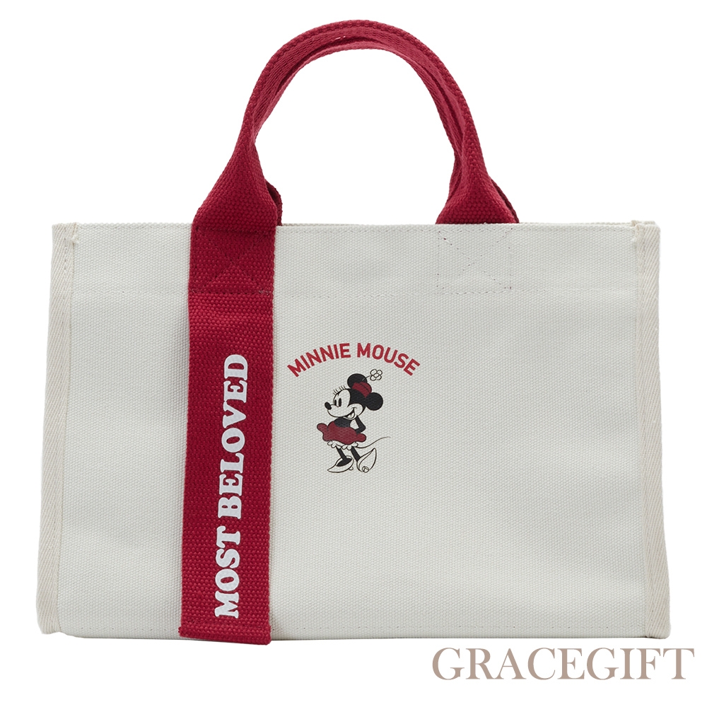 【Grace Gift】迪士尼米妮款立體織帶帆布提袋 紅