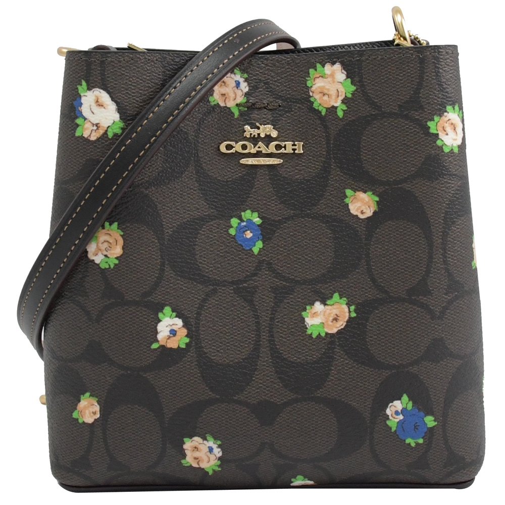 COACH Mini Town 馬車LOGO玫瑰印花斜背迷你水桶包(深咖)