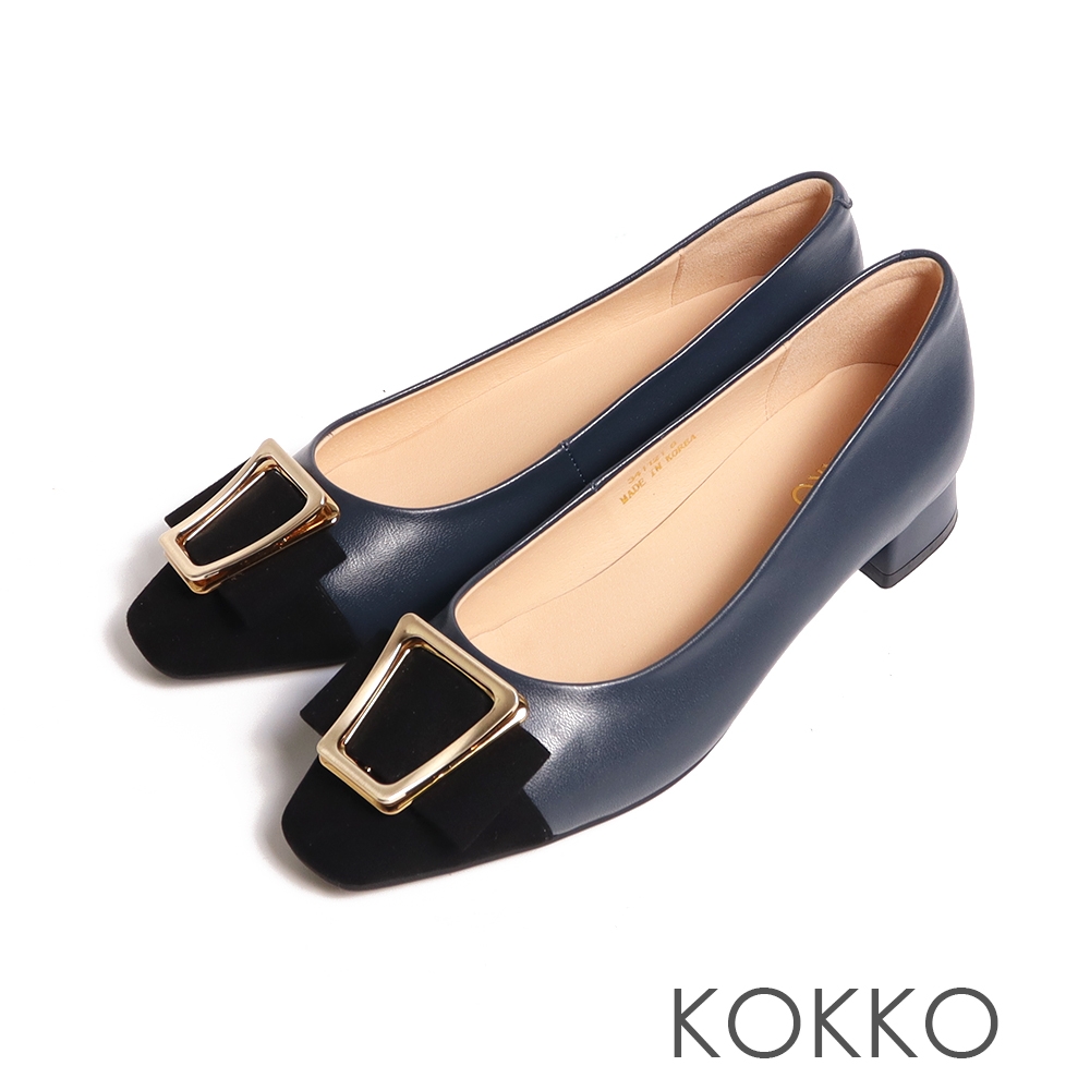 KOKKO金屬飾扣氣質拼接方頭包低跟鞋深藍色