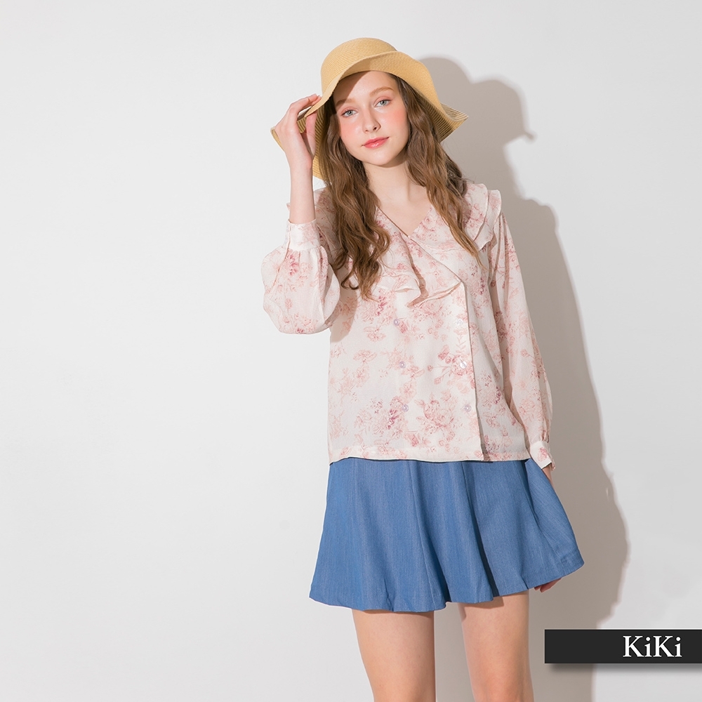 【KiKi】荷葉領雙排釦雪紡衫-女長袖襯衫(二色/版型適中)